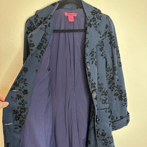 Vintage Y2K Betsey Johnson Navy Velvet Floral Trench Coat 90s Dark Academia M - Picture 9 of 9